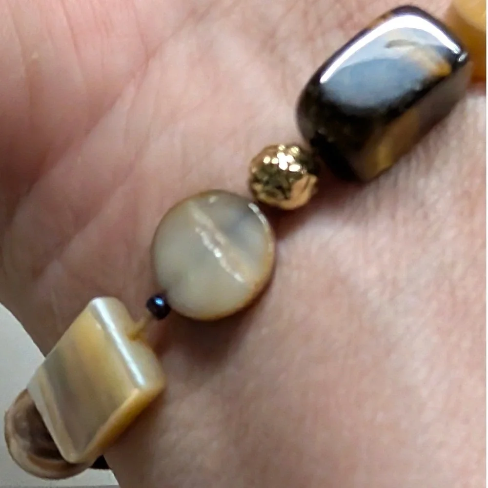 Vintage Tiger Eye Mother of Pearl‎ Stretch Bracelet Brown Earthy Beaded Beads